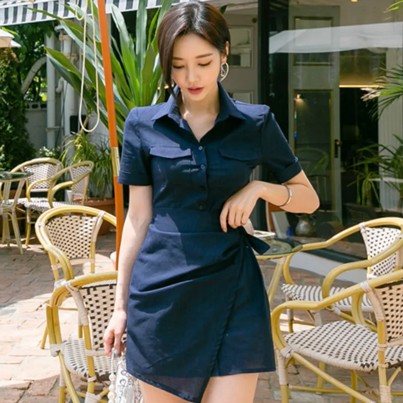 

Summer Short Sleeve Navy Irregular Shirt Cloth Women Mini Bodycon Casual Work Dress
