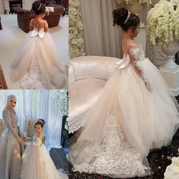 

2020 Champagne Ball Gown Flower Girl Dresses Sheer Neck Applique Lace Birthday Party Dress Girls Pageant Party Gowns With Bow