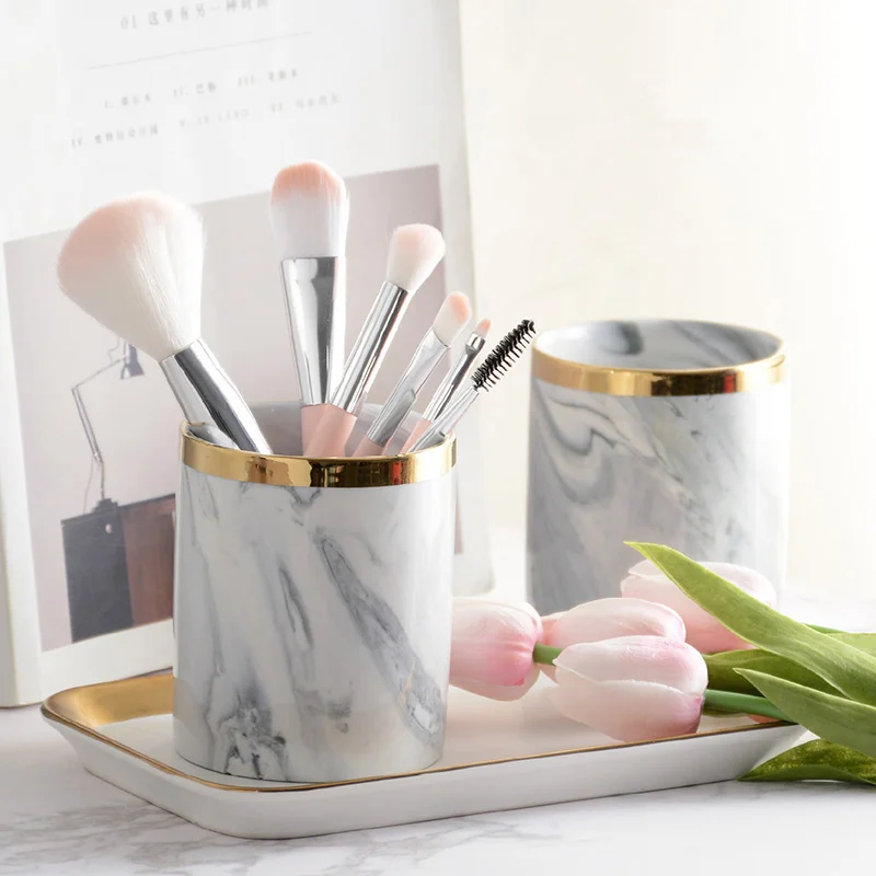 

Modern Minimalist Marbled Makeup Brush Storage Cosmetics Boxes Ins Home Decor Porcelain Ceramic Brush Pot for Girl Lady