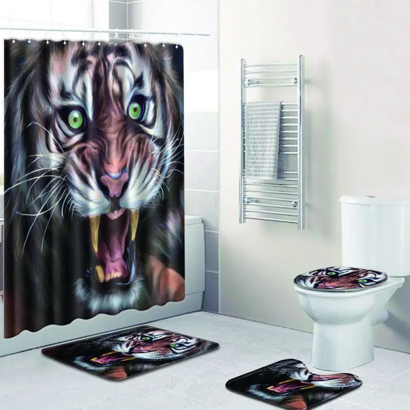 

Tiger Colorful Bathroom Shower Curtain Set 3D Carpet for Home Decor Non Slip Bath Mats Foot Pad In Toilet Rugs Set with Hooks