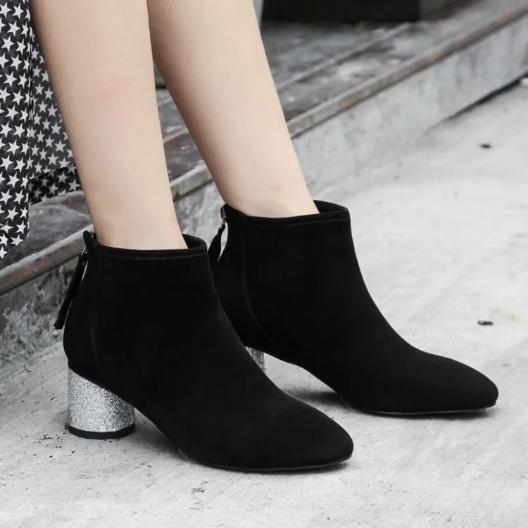 

Big Size 9 10 11 12 Round-headed sequined round-heeled zipper Suede Boots