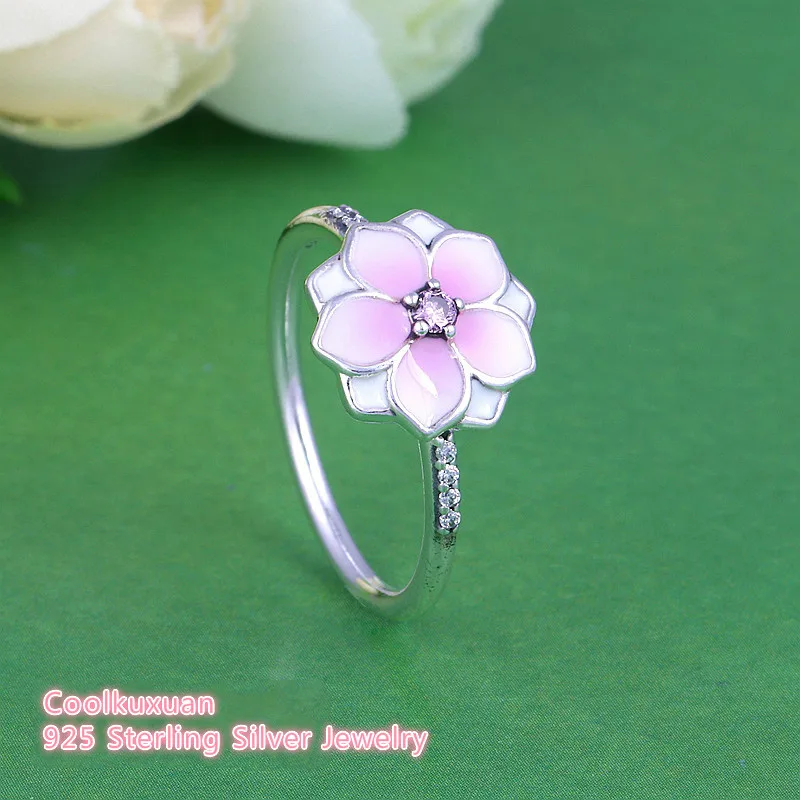 

2018 Spring Pale Cerise Enamel & Pink CZ Magnolia Bloom Ring 925 Sterling Silver Flower Engagement Jewelry Rings For Women Girls