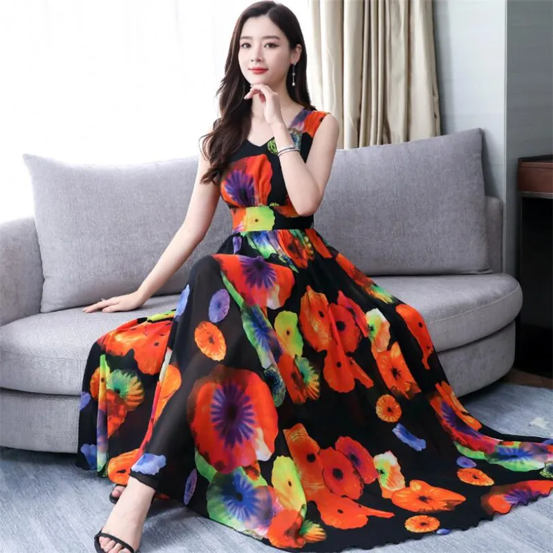 Women Summer Bohemian Dress Robe Longue Femme Ete Plus size M-3XL Chiffon Sleeveless Seaside Beach Holiday For women E239 | Женская