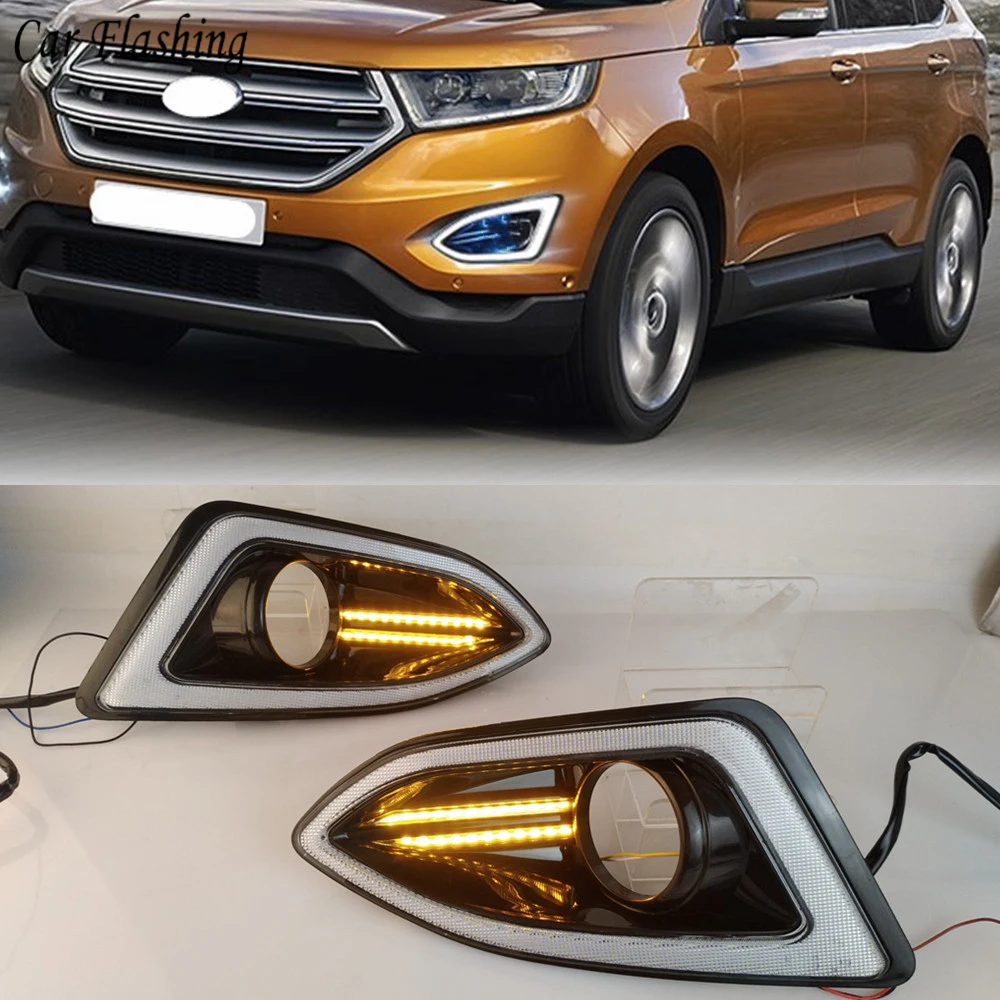 

Car flashing 2Pcs LED DRL Daytime Running Light 12V Waterproof Yellow siganl Fog Lamp With Fog Lamp Hole For Ford Edge 2015 2016