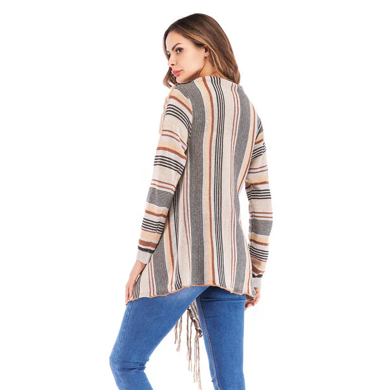 Весенний свитер в стиле бохо, вязаный длинный кардиган в полоску с кисточками, вечерние женские уличные свитера