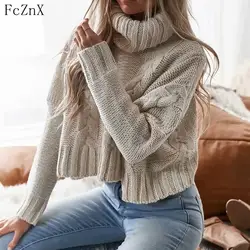 Осень-зима 2018 женские короткий свитер пуловеры сплошной цвет Водолазка Длинные рукава свободные трикотажные Женская одежда Повседневный