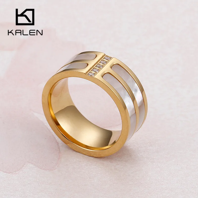 KALEN, эфиопские золотые кольца из нержавеющей стали для женщин, размеры 6, 7, 8, 9, в виде ракушки, две линии, очаровательные стразы, кольца на палец, Женские Ювелирные изделия