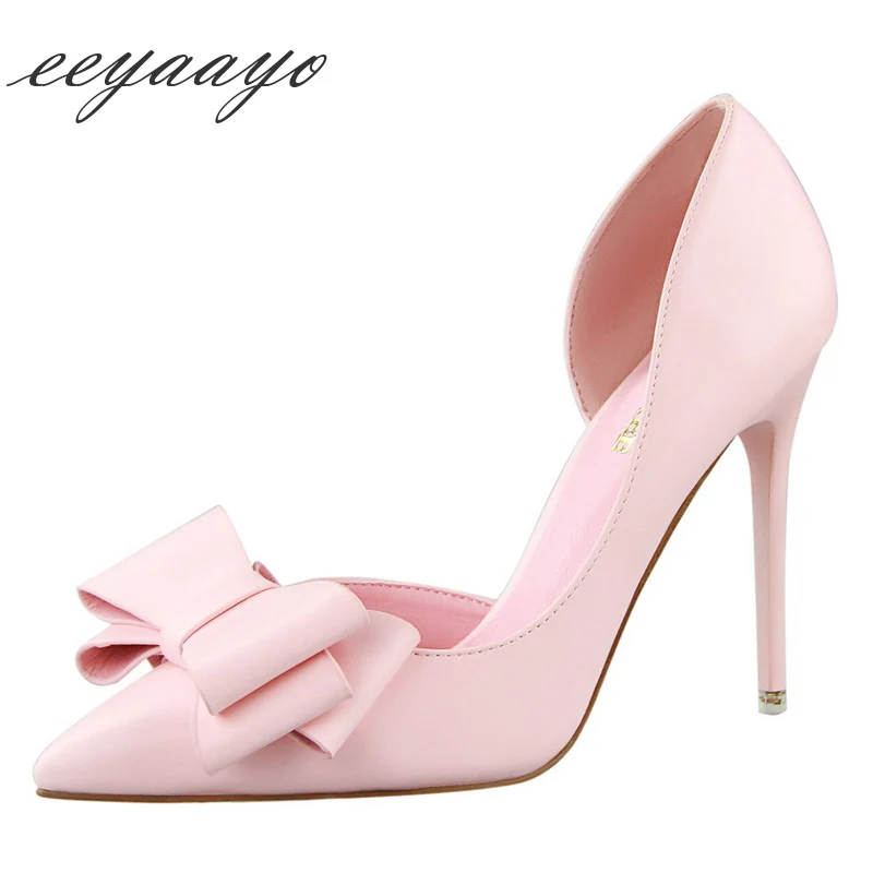 

2019 New Spring/Autumn Women Pumps High Thin Heel Pointed Toe Fretwork Shallow Sweet Butterfly-Knot Women Shoes Pink High Heels