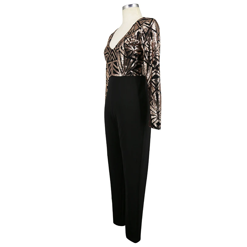 2018 Autumn Winter Sexy Women Body Long Sleeves Gold Sequins Jumpsuit Elegant Catsuit Embroidery Romper V Neck Bodysuit Overalls