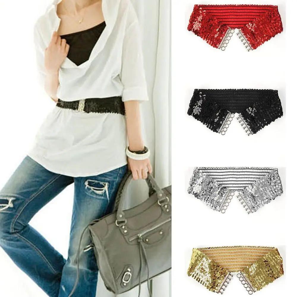

Romantic New Female Ladies Waistband Charms Women Elastic Sequin Belly Waist Belt Casual Stretch Belt Buckle Corset Wide