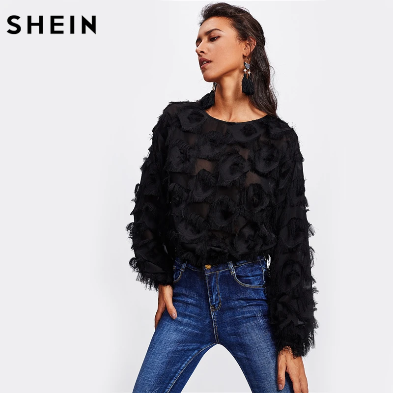 SHEIN, топ с бахромой, сетчатый топ, сексуальные осенние женские топы и блузки, черные, с длинным рукавом, круглый вырез, элегантные женские топы