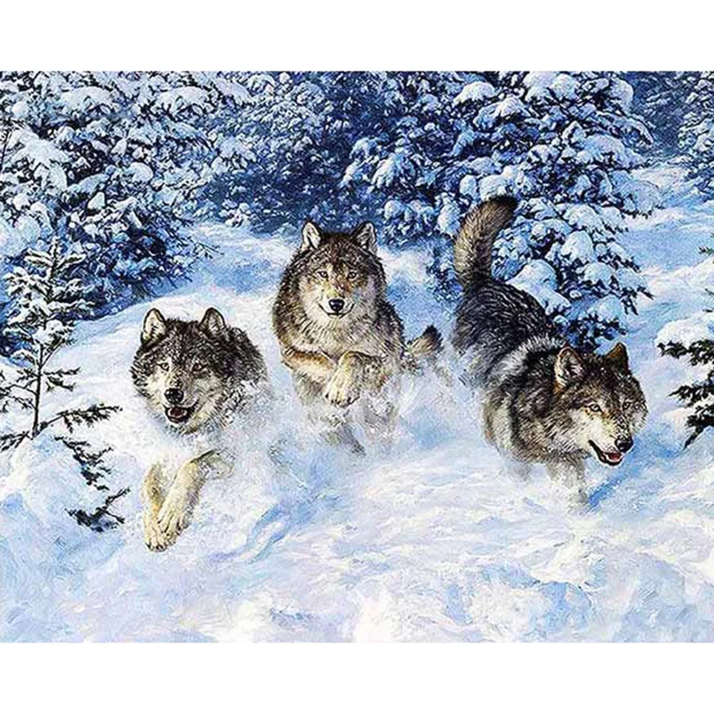 5D Round Full Diamond Painting Snow wolfs Diamond Mosaic Embroidery Cross Stitch Handmade Crafts Home Decoration