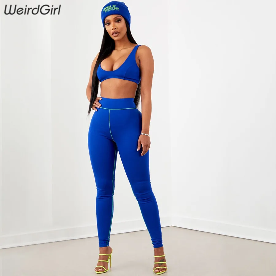 

Weirdgirl Women Basic Elastic Slim Fitness two pieces sets new popular tank tops solid Sports leggings stretched summer new