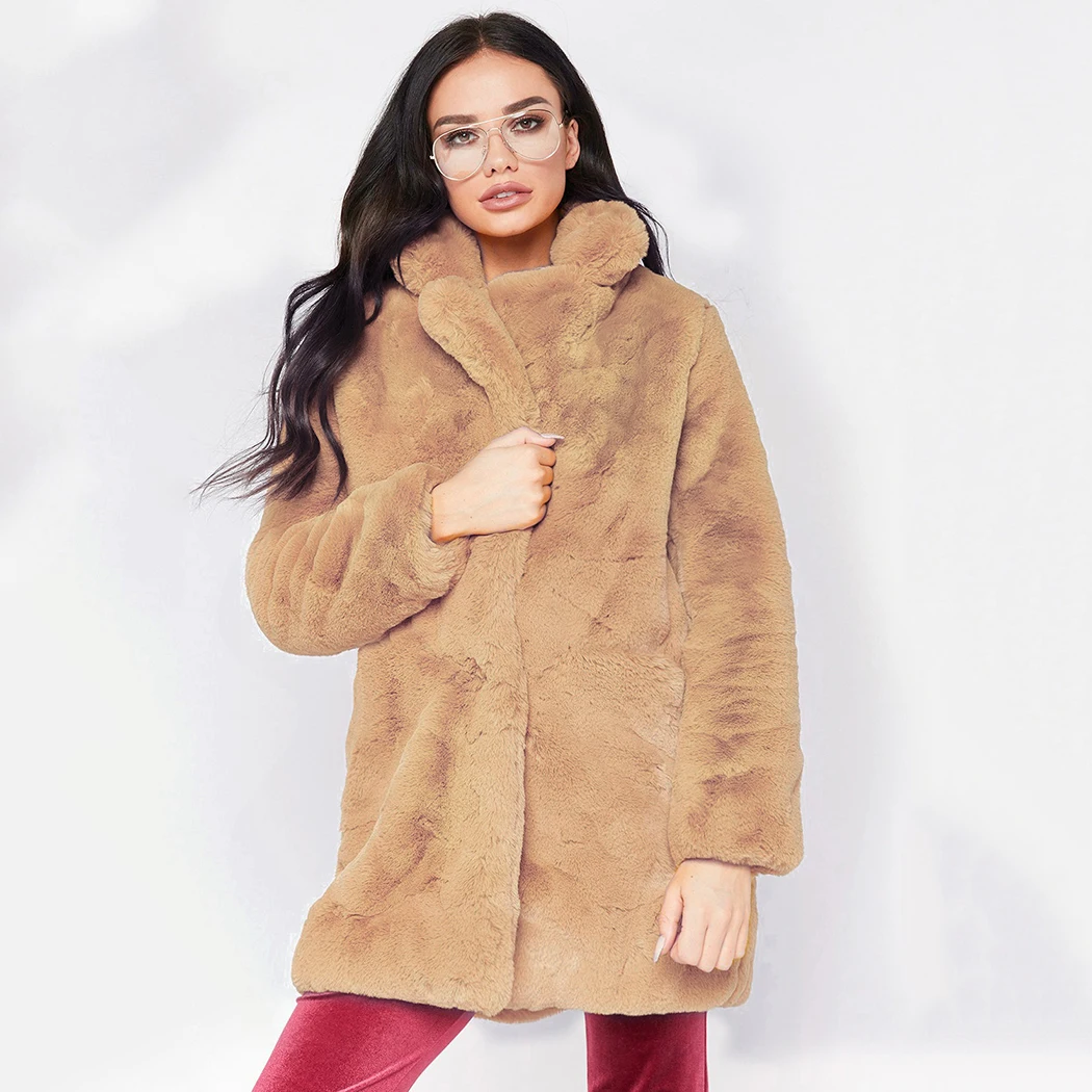 Winter Women Long Faux Fur Coat Thick Plush Outerwear Turn Down Collar Female Hairy Furry Overcoat Plus Size Manteau Femme Hiver