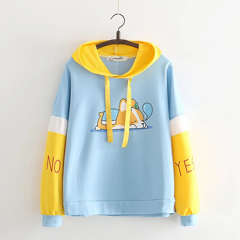 Comprar Otoño nuevo Animal de dibujos animados perro con capucha de manga larga sudaderas Harajuku Corgi mujer Sudadera con capucha Kawaii mujeres suéteres