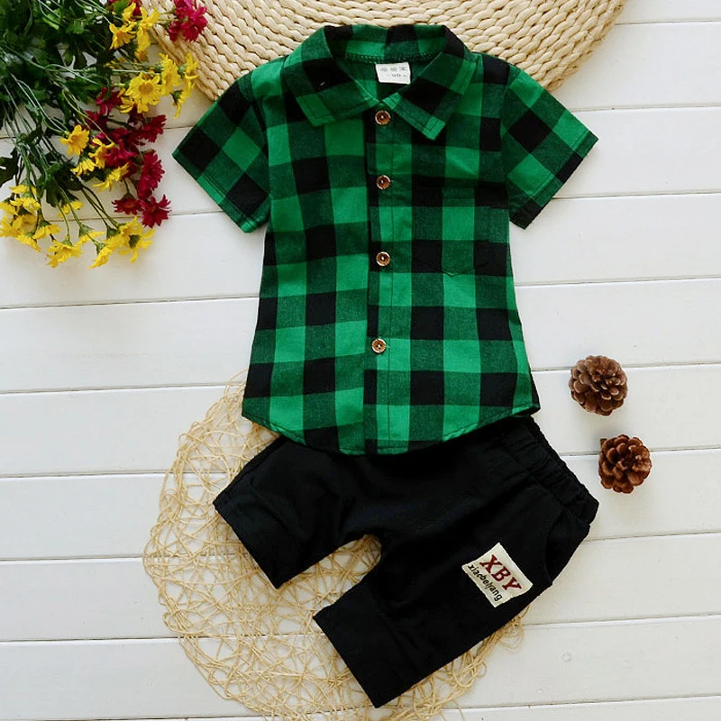 

Boys summer dress 2019 new baby boy short sleeve two-piece suit baby baby Korean plaid pattern cute children's two-piece suit