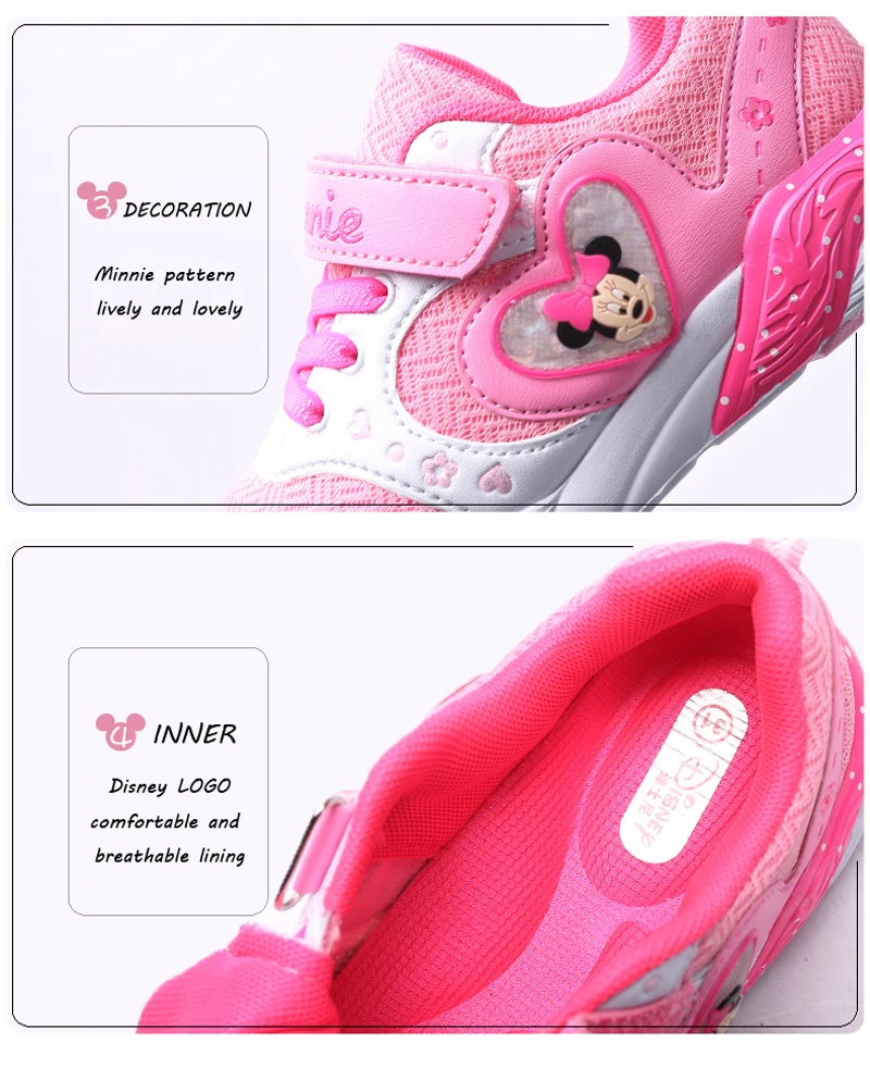 Disney/детская повседневная обувь; весенне-летняя Розовая обувь для девочек с Минни; Нескользящая дышащая обувь для студентов; Размеры 26-35