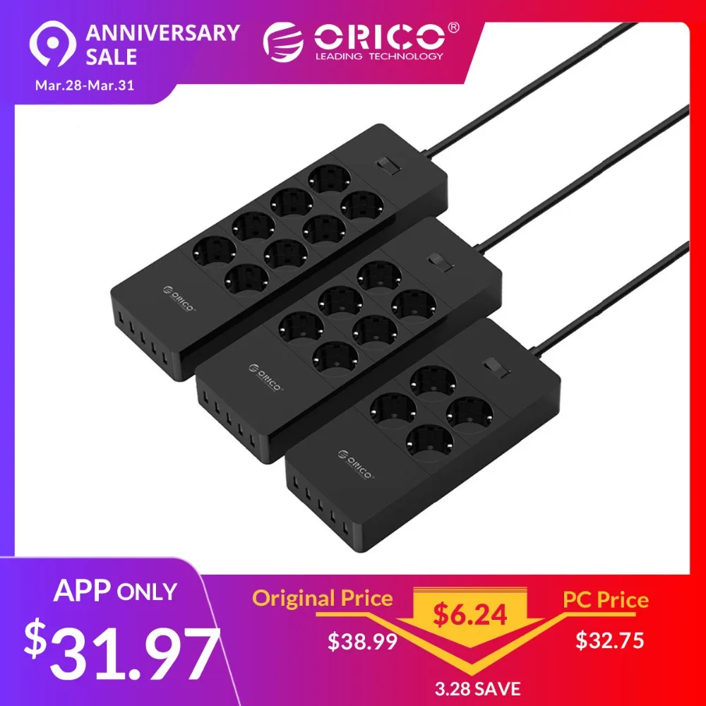 ORICO Electrical Socket EU Plug Extension Socket Outlet Surge Protector EU Power Strip with 5x2.4A USB Super Charger Ports