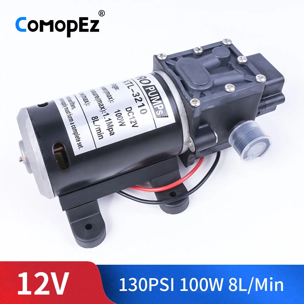 

Durable DC 12V 100W 1.1Mpa 130PSI 8L / min pump electric black micro diaphragm high pressure water sprayer car wash