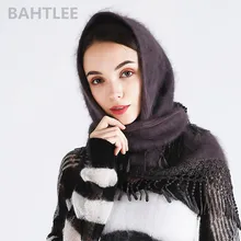 BAHTLEE 2018 冬イスラム教徒女性のアンゴラウサギターバンヒジャーブスカーフポンチョ三角ショールニットリアルファーラップマント岬(China)