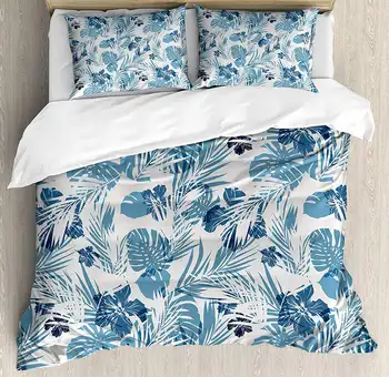 

Leaf Duvet Cover Set King Size, Island Ocean Beach Sea Inspired Hawaiian Flowers Palm Tree Leaves Art Print