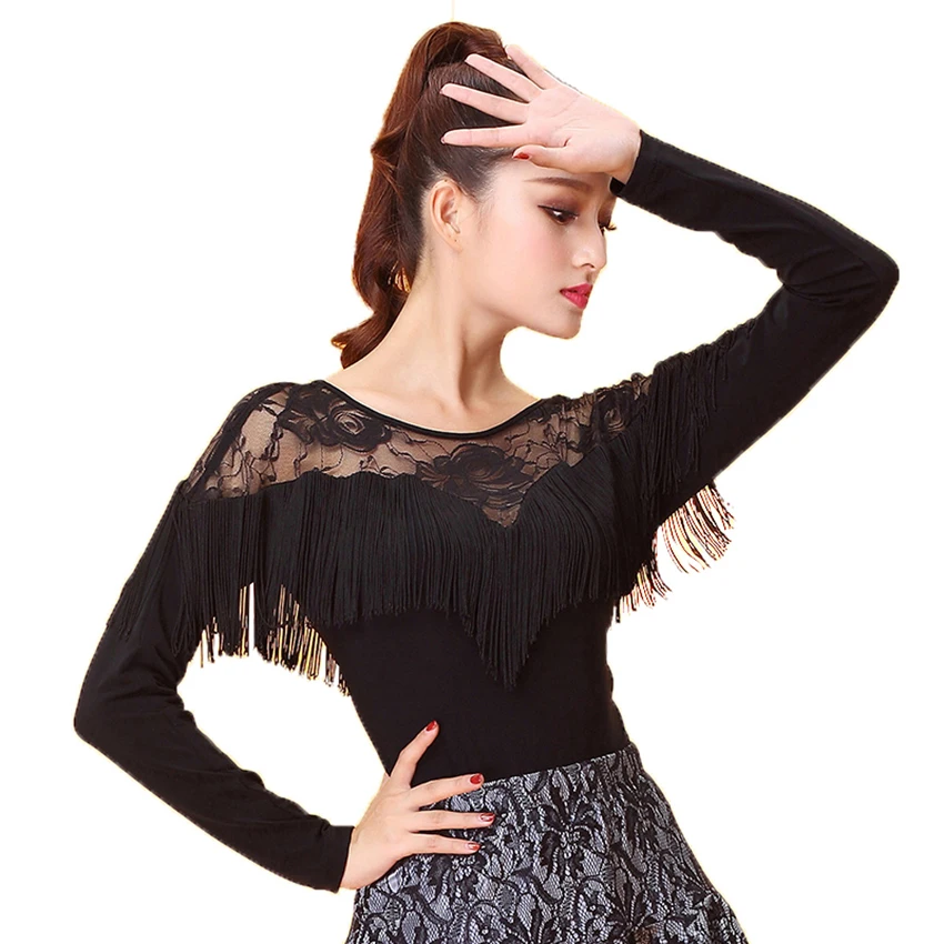 

Latin dance costume sexy lace tassel long sleeves latin dance top for women latin dance exercise costume top