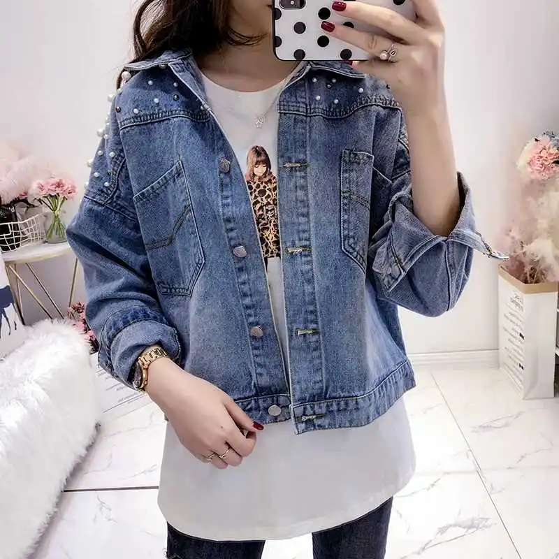 Vangull النساء جان سترة اللؤلؤ الديكور 2019 جديد الربيع الخريف كم طويل جيوب الدينيم الستر المرأة فضفاض أبلى الإناث