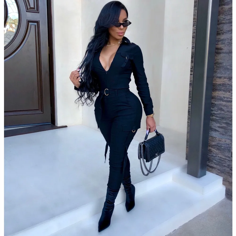Wjustforu Bodycon Shirt Casual Jumpsuit Fashion bandage V Neck Jumpsuit Elegant Pockets Temperament Bodysuit Vestidos Female Wjustforu Bodycon Shirt Casual Jumpsuit Fashion bandage V Neck Jumpsuit Elegant Pockets Temperament Bodysuit Vestidos Female