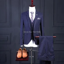 Blue Pinstripe Wedding Men Suits for Groom Tuxedos Three Piece Jacket Pant Vest Notched Lape Latest Waistcoat Blazer