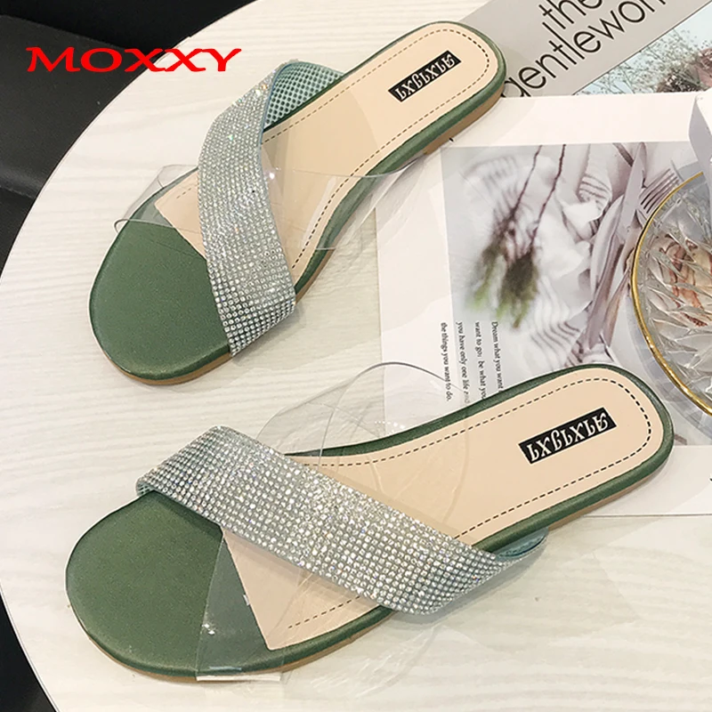 

2019 New Luxury crystal Slippers Women Slides Transparent Sandals Women Shoes Flat Outdoor Indoor Home Slippers chaussures femme