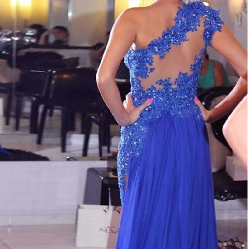 Sexy Royal Blue Evening Dresses Long 2019 Chiffon See Through One Shoulder Appliqued Lace Party Gown Plus Size Robe De Soiree