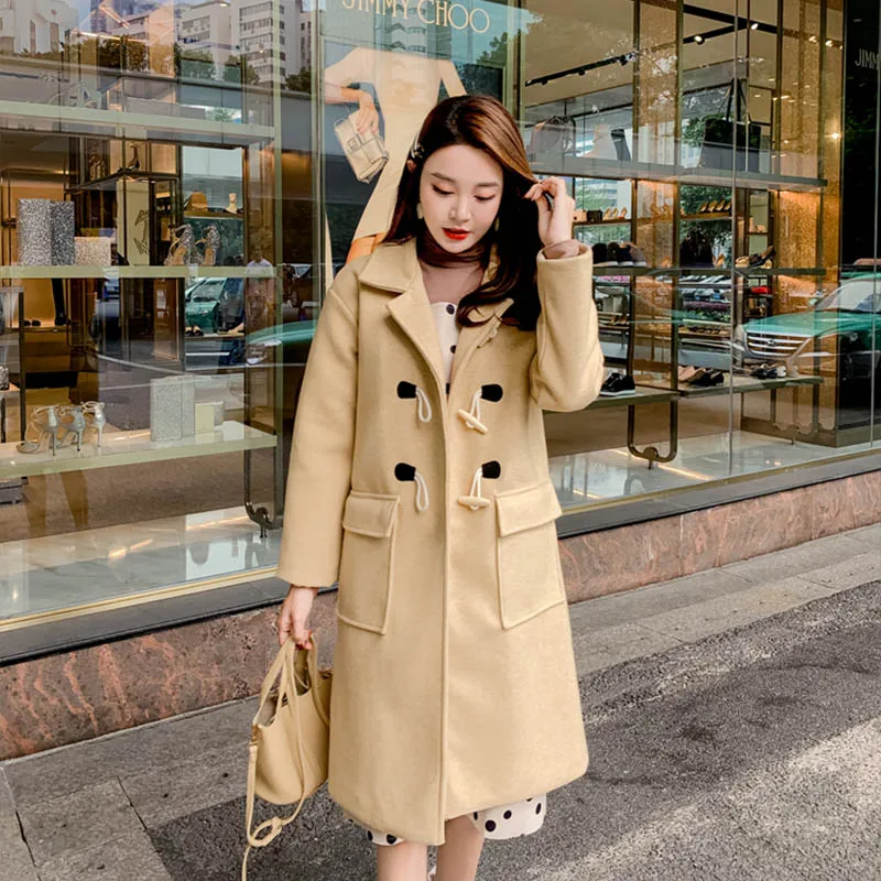 OLN 2019 New Fashionable Ox Horn Buckle Pure Color Long Style Woolen Coats Temperament Female High Quality Thick Overcoat 1698