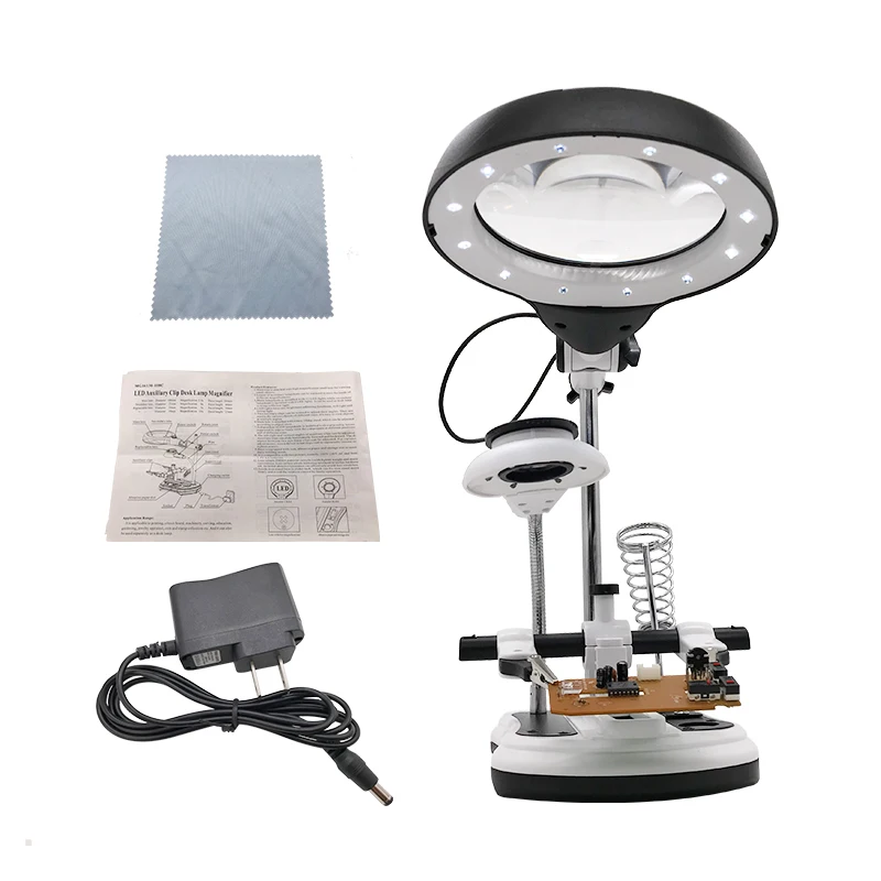 2.5X-10X Illuminated Magnifying Glass for Soldering Iron 18 LED Lighting Desktop Maintenance Auxiliary Clip Type Magnifier Tools
