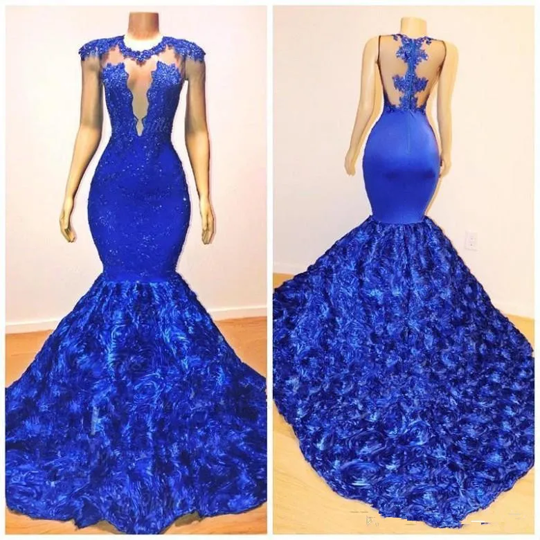 

New Royal Blue Mermaid Prom Dresses 2019 Rose Flowers Long Chapel Train Sheer Neck Applies 2K19 African Pageant Dress Evening