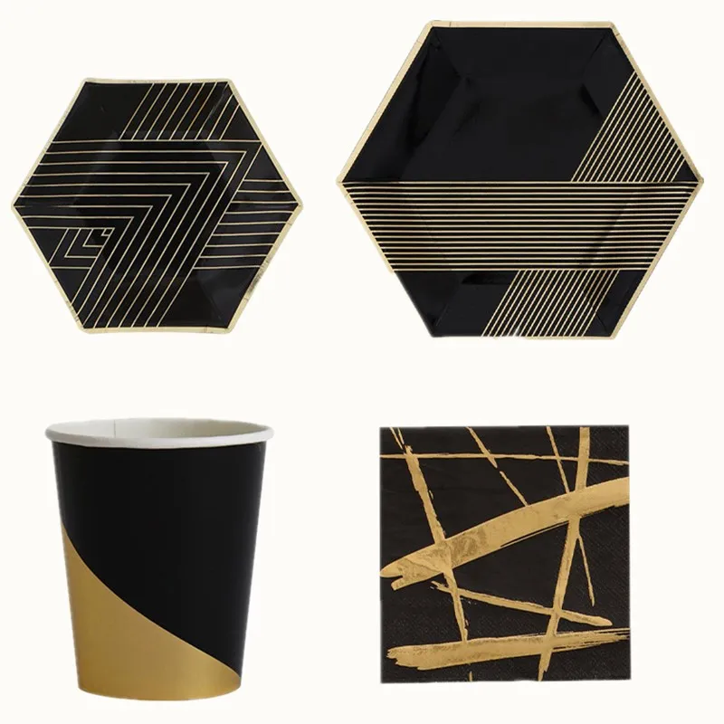 Artlalic Paper Plate Cups Table Napkins Black Color With Gold Foil Bronzing High Quality