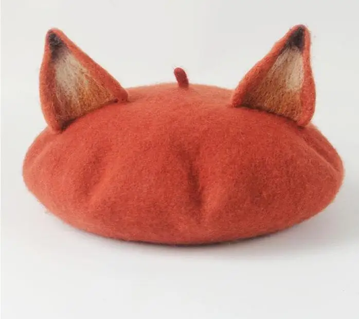 Ручная работа, берет, женская шапка с кошачьими ушками, милая оранжевая/серая/белая шерстяная шапочка - Цвет: orange