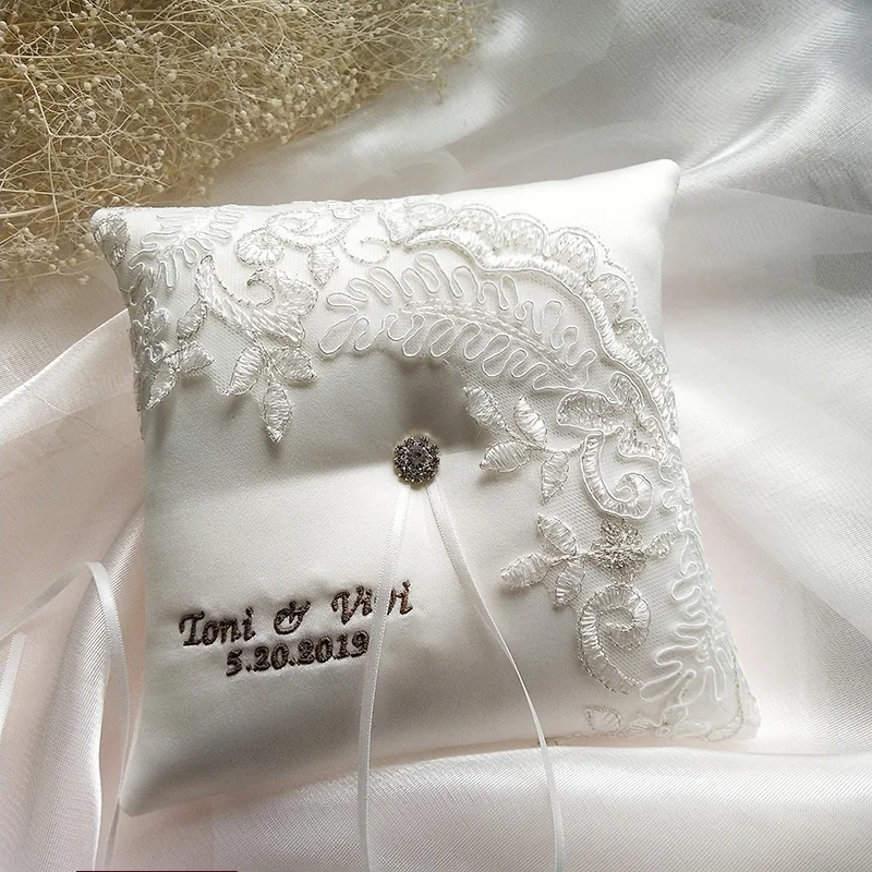 Personalised Wedding Ring Bearer Cushion Pillow White Satin Green  Embroidered | eBay