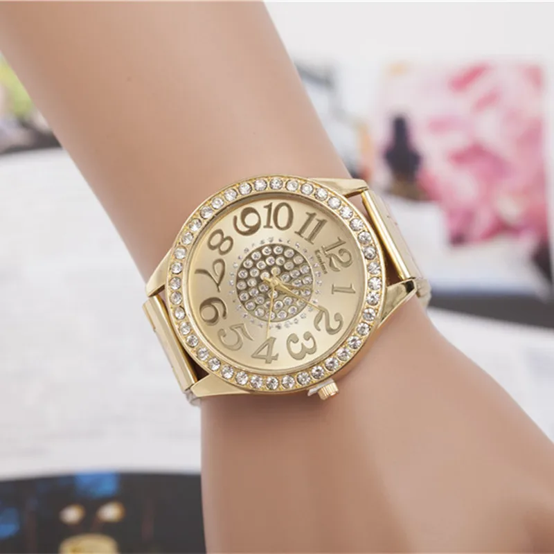 Новые модные золотые часы Женские Роскошный брендовый горный хрусталь наручные часы из нержавеющей стали ЖЕНСКИЕ НАРЯДНЫЕ часы для дам кварцевые часы