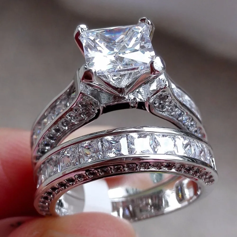 

ERLUER Trendy Silver Color Fashion jewelry Wedding engagement ring women Square Crystal Zircon Party girls 2pcs couple rings