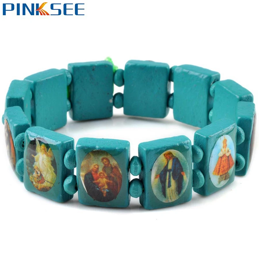 Fashion Square Wood Bracelets Jewelry For Girls Saints Jesus Religious