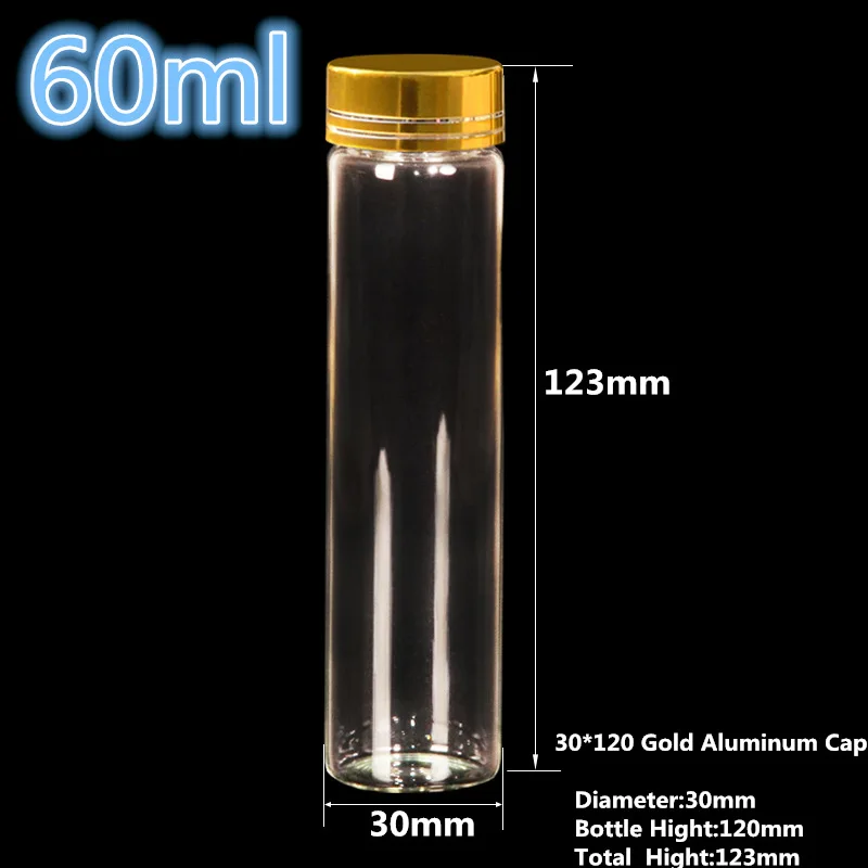 Glass jars with Silver/Gold Aluminum Cap30*120mm 60ml Essential Oil