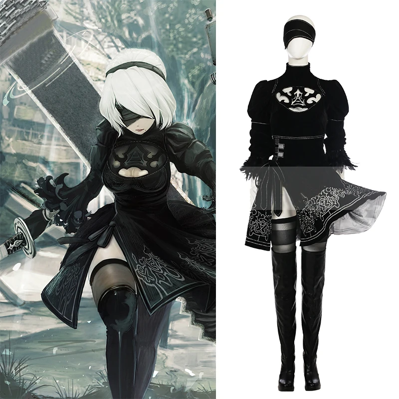 

Custom size top quality NieR:Automata 2B YoRHa No.2 cosplay costume black lace dress Halloween dresses Anime clothes outfits cos