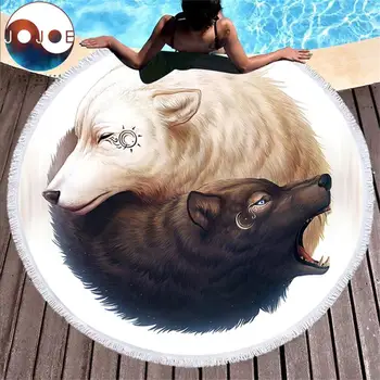 

New Yin and Yang Wolves by JoJoesArt Round Beach Towel for Adults Printed Microfiber With Tassel Bath Towel Black White Blanket