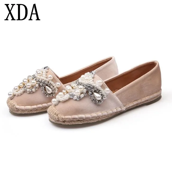 

XDA 2019 new fashion Spring Autumn Women Loafer Round Toe espadrilles Pearl Comfortable Hemp Bottom Women Flats Shoes