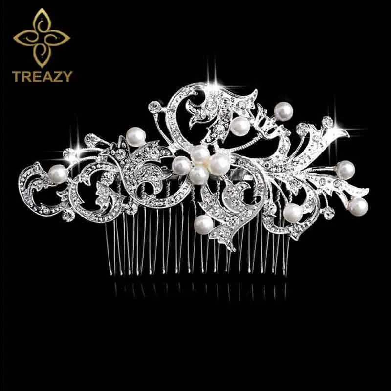 

TREAZY Bridal Wedding Flower Crystal Rhinestones Diamante Imiated Pearls Women Hair Clip Combs Hair Accesories