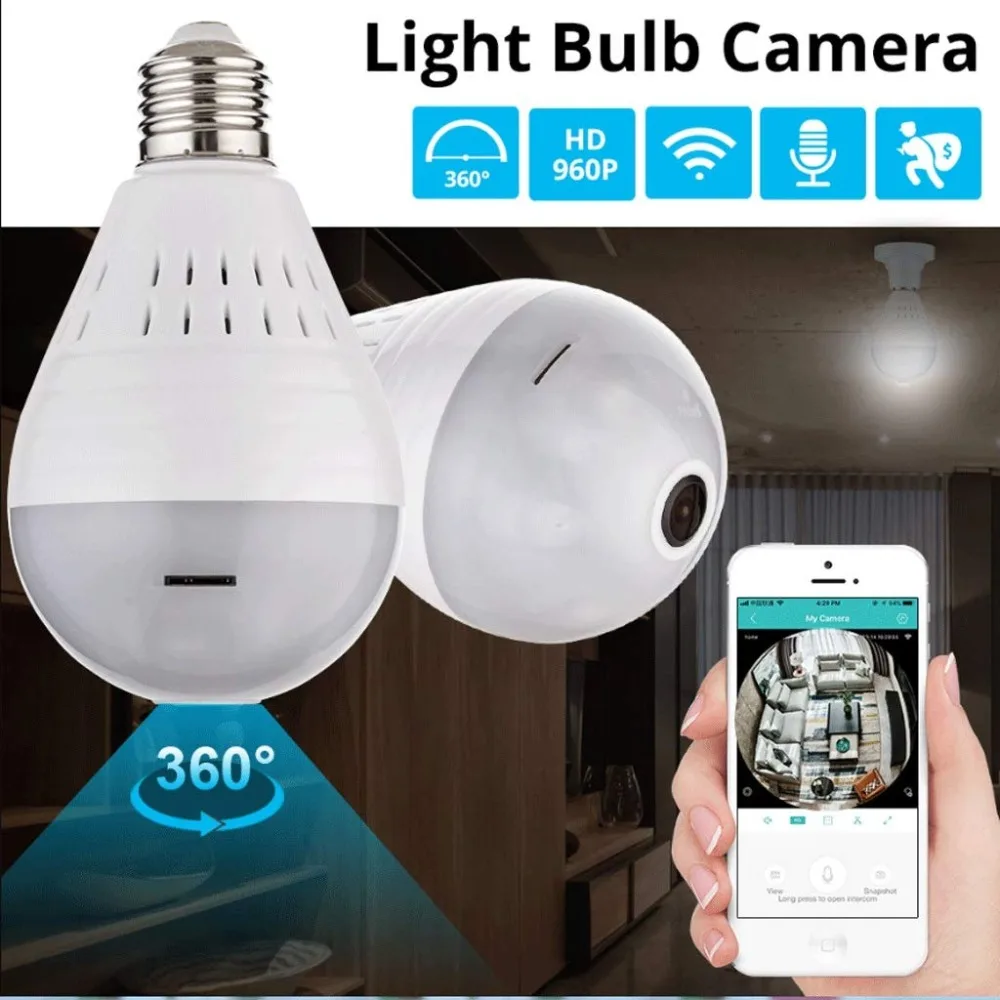Беспроводная видеокамера Wi Fi 360 960P лампа рыбий глаз светильник панорамный Full HD