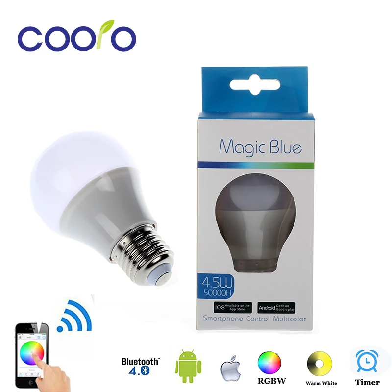 

LED Bulb Light Bluetooth E27 RGBW 4.5W Bluetooth 4.0 Smart LED Bulb Timer Color changeable by IOS / Android APP