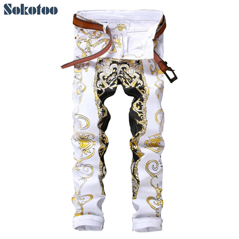 Sokotoo мужские узкие джинсы с принтом модные прямые белые джинсовые брюки с цветочным принтом длинные брюки