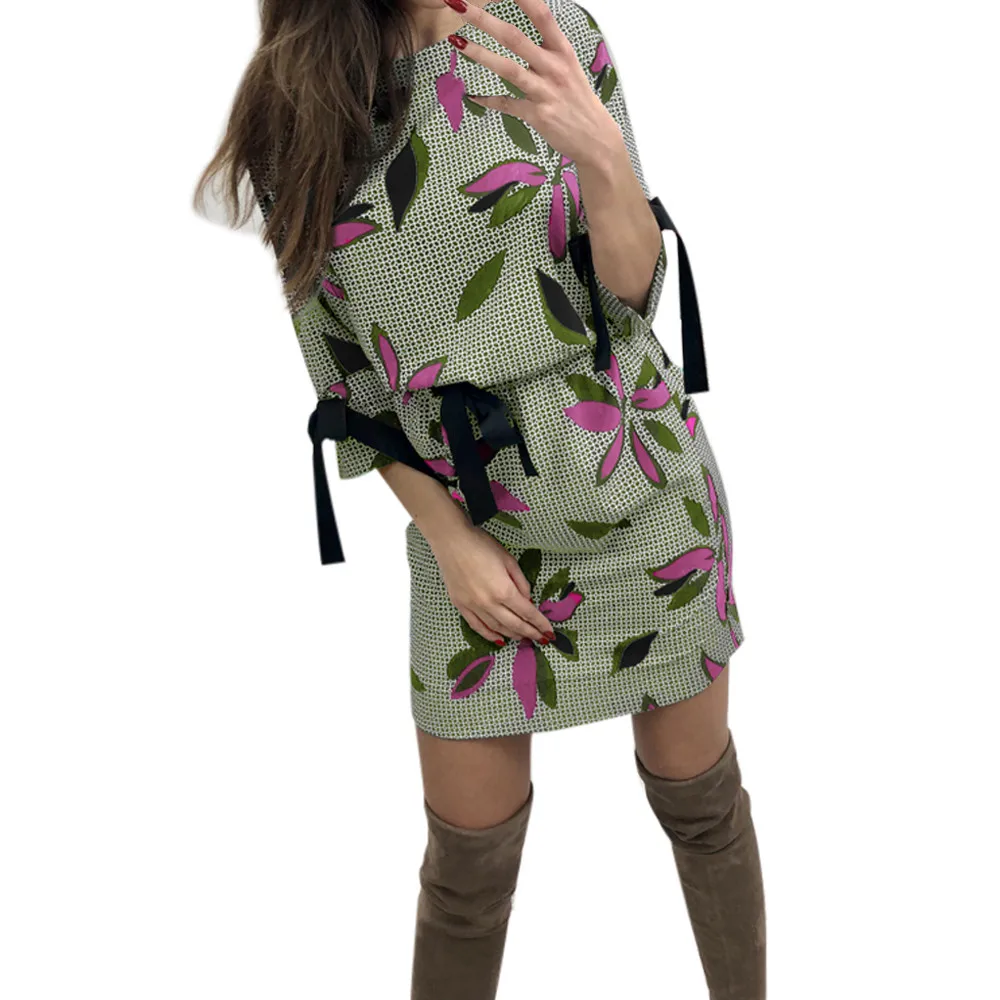 Модное женское платье из шифона с бантом, рукав три четверти, печать листьев, Короткое мини-платье с круглым воротником, Vestidos, безразличное, OY41 - Цвет: As the photo show