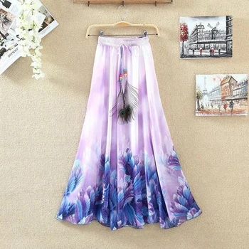 

2019 Summer New Fashion Vintage Bohemia Chiffon Floral Printed Women Boho Long Maxi Beach Party Loose Pleated Flare Skirts Saias